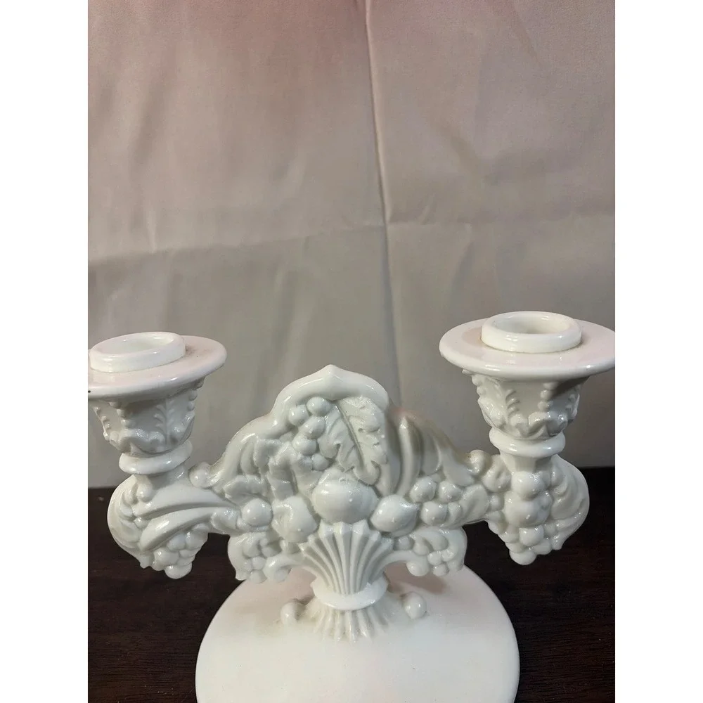 Indiana Milk Glass‎ Double Arm Candelabra Fruit Harvest Cornucopia White 5.5in